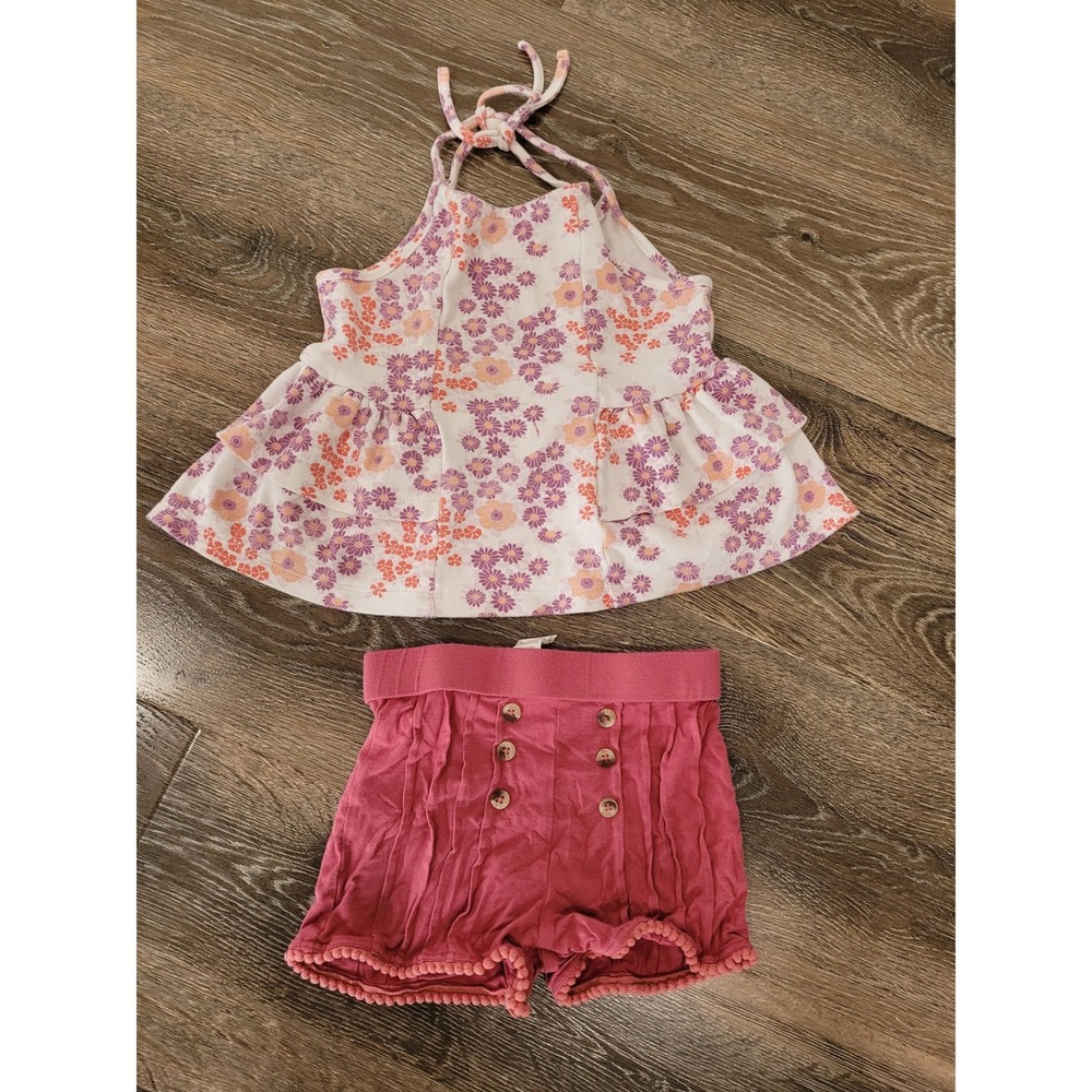 Kate Quinn 3T Floral Halter Top Bamboo Shorts Set Purple Orange Daisy #4